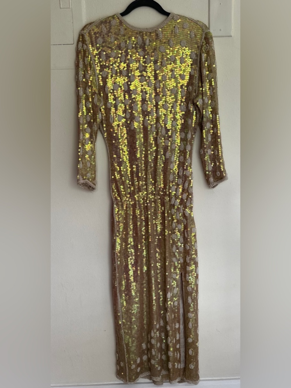 80s Exquisite Hand Sewn Heavily Embellished Maxi Silk Gown w Slit